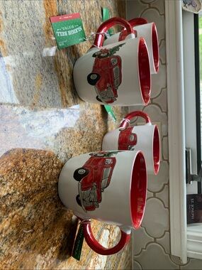 Red Truck Ceramic Coffee Mug with Red Interior and Handle 4 mugs.
